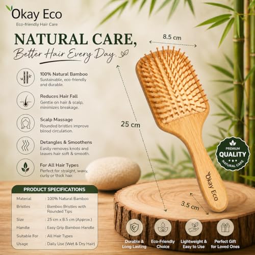 Image of Bamboo Paddle Hair Brush Combo Regular & Oval Shape Natural Gentle Detangling EcoFriendly Hair Care Tool