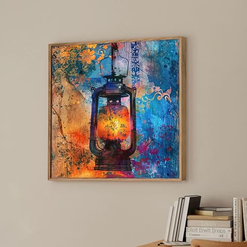 Image of Vintage Lantern Framed Canvas Wall Art Painting for Living Room | Colorful Rustic Abstract Artwork Painting with Frame | Modern Decorative Wall Decor for Home & Office, 23x23 Inch