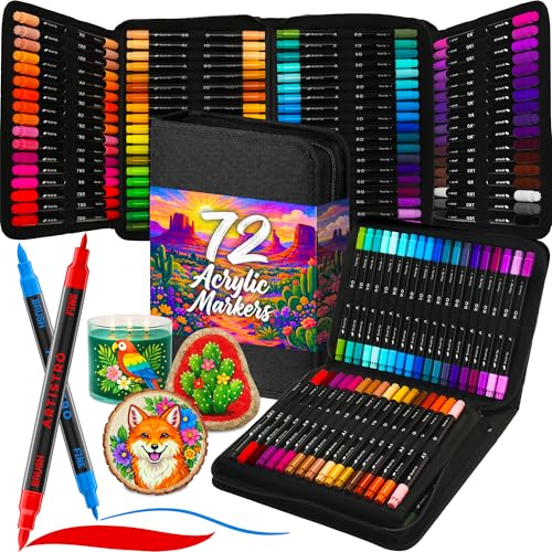 ARTISTRO Acrylic Paint Pens With Storage Bag for Calligraphy - Markers With Brush and Fine Precision Tips - Multisurface Painting for Fabric Rock Glass and More (72 Markers Dual Tip Brush + Fine)
