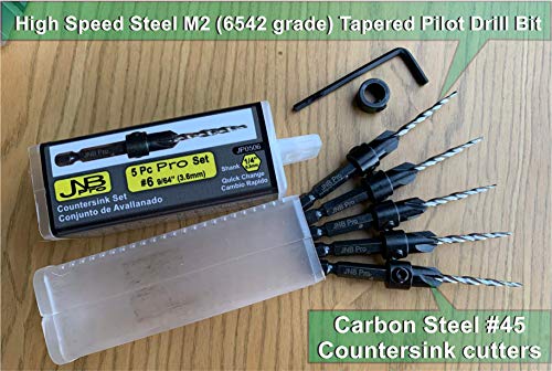Jnb Pro Wood Countersink Drill Bit Set - 5 Pc Adjustable Countersink Bit #6(9/64") - All Same Size - 2 Extra 9/64 Tapered Drill Bit, 1 Adjust. Collar, 1 Wrench - 1/4" Quick Change Shank - Countersink #TOP7