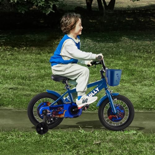 RULLY Dinosaur 12 Zoll Jungenfahrrad für Kinder von 2-3 Jahren, blau, mit abnehmbaren Stützrädern, Rücktrittbremse und Handbremse, Korb,Blue