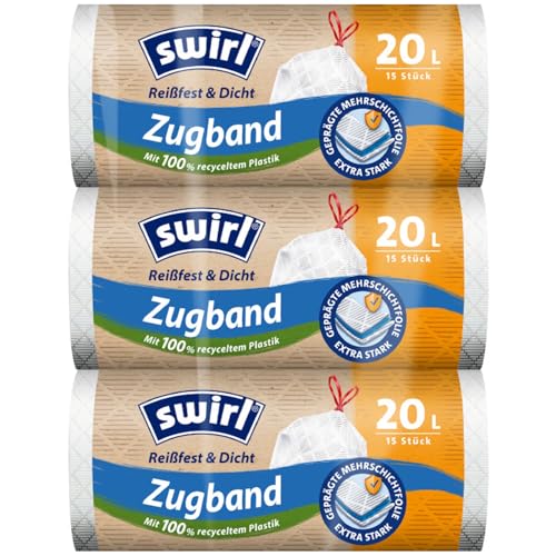 Swirl Reißfest & Dicht Müllbeutel 20L (3 x 15 Beutel) Mülltüten mit praktischem Zugband tropfsichere Müllsäcke Mülltüten mit hoher Reißfestigkeit