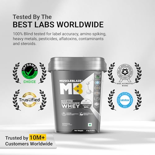 Image of MuscleBlaze Biozyme Performance Whey Protein Powder, Blue Tokai Coffee (4kg / 8.8lbs) | 25g Protein Per Scoop | Clinically Tested 50% Higher Protein Absorption