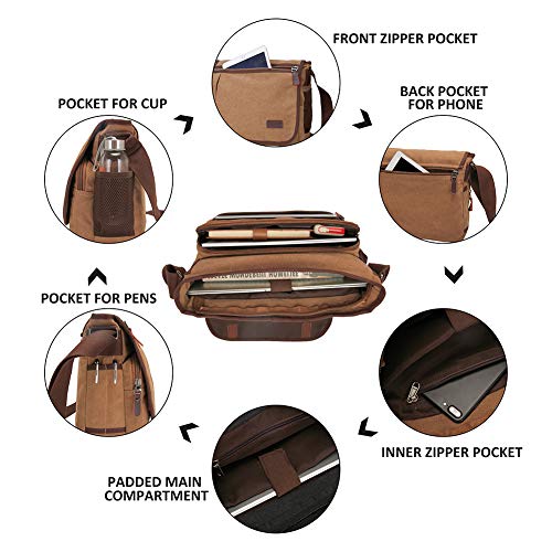 Modoker Messenger Bag For Men, 13 Inches Laptop Satchel Bags, Canvas Shoulder Bag With Bottle Pocket, Brown #TOP3