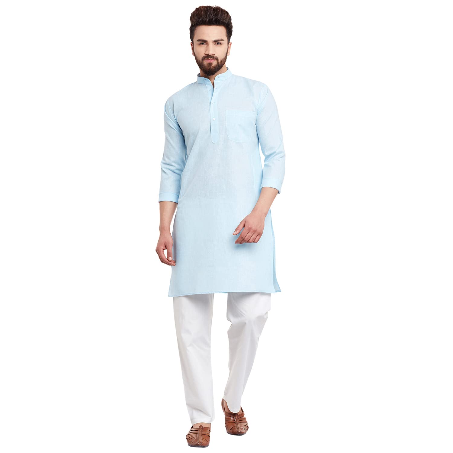 sojanya (Since 1958 Men's Sky Blue Cotton Linen Kurta Pyjama-picture-36