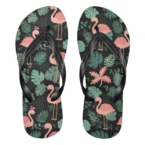 ALAZA Flamingo Cute Monstera Leaf Flip Flops for Women Fashion Beach Slippers Comfort Mens Flip Flops Non-Slip Rubber Shower Slippers Sandal for Hotel Travel Sport,XS