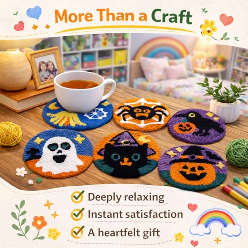 Image of Halloween Punch Needl Kit for Adults Beginners, Easy Embroidery Punch Coaster Starter Set with Instruction - Fun Needle Point Craft for Table Decor & Festival DIY Gifts (6pcs Spooky)
