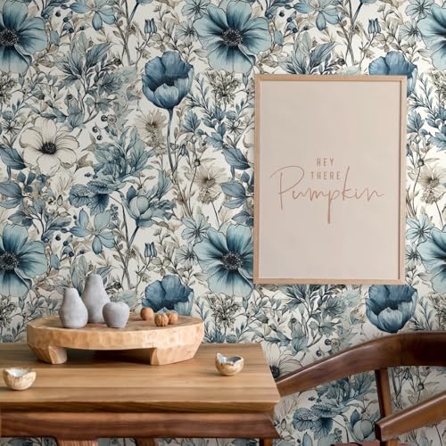 WalRiddle Grey/Blue Poppy Wildflowers Floral White Peony Flowers Vintage Leaf Peel and Stick Wallpaper Easy Peel Off Contact Paper Stick on Adhesive Wall Paper for Bathroom Waterproof Renter Friendly by WalRiddle - Image 5