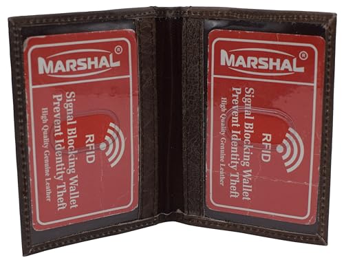 MARSHAL Genuine Leather Double ID Slim Thin Credit Card Mini RFID Blocking Wallet Holder Bifold Driver's License Safe (Brown)