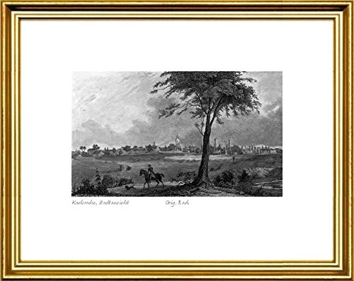 Akwaforta ręcznie drukowana monochromia Karlsruhe, Stadtansicht z Stahlstich, odbitka na papierze, nie oprawiona, grafika artystyczna, sztuki projektowania, druk artystyczny