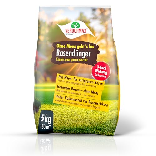 VERDURMAX Engrais Pelouse au Fer 1 x 5 kg – Action Anti-Mousse Rapide & Revitalisante – Gazon Vert Profond et Robuste – Riche en Azote, Potassium et 9%...