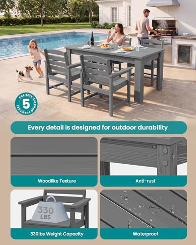 Image of SERWALL 59 inch HDPE Outdoor Dining Set for 4, w / 1 Table & 4 Armchairs, Gray