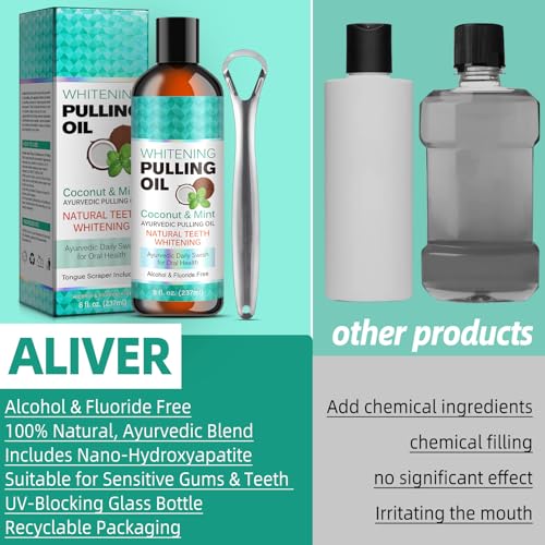 Natürliches Kokosöl 8 Fl.oz Minzöl Mundwasser mit Zungenschaber - Alkoholfreies Kokosöl für frischen Atem, Zahnaufhellung und gesünderes Zahnfleisch und Zähne