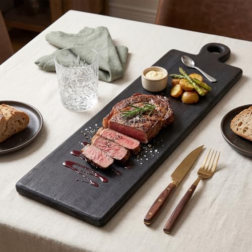 Image of 1 Pcs Acacia Wood Cutting Board with Handle 23.8 x 5.5'' Rectangular Shaped Charcuterie Chopping Board for Pizza Cheese Meat Decorative Black Wooden Serving Tray for Kitchen and Dining Room