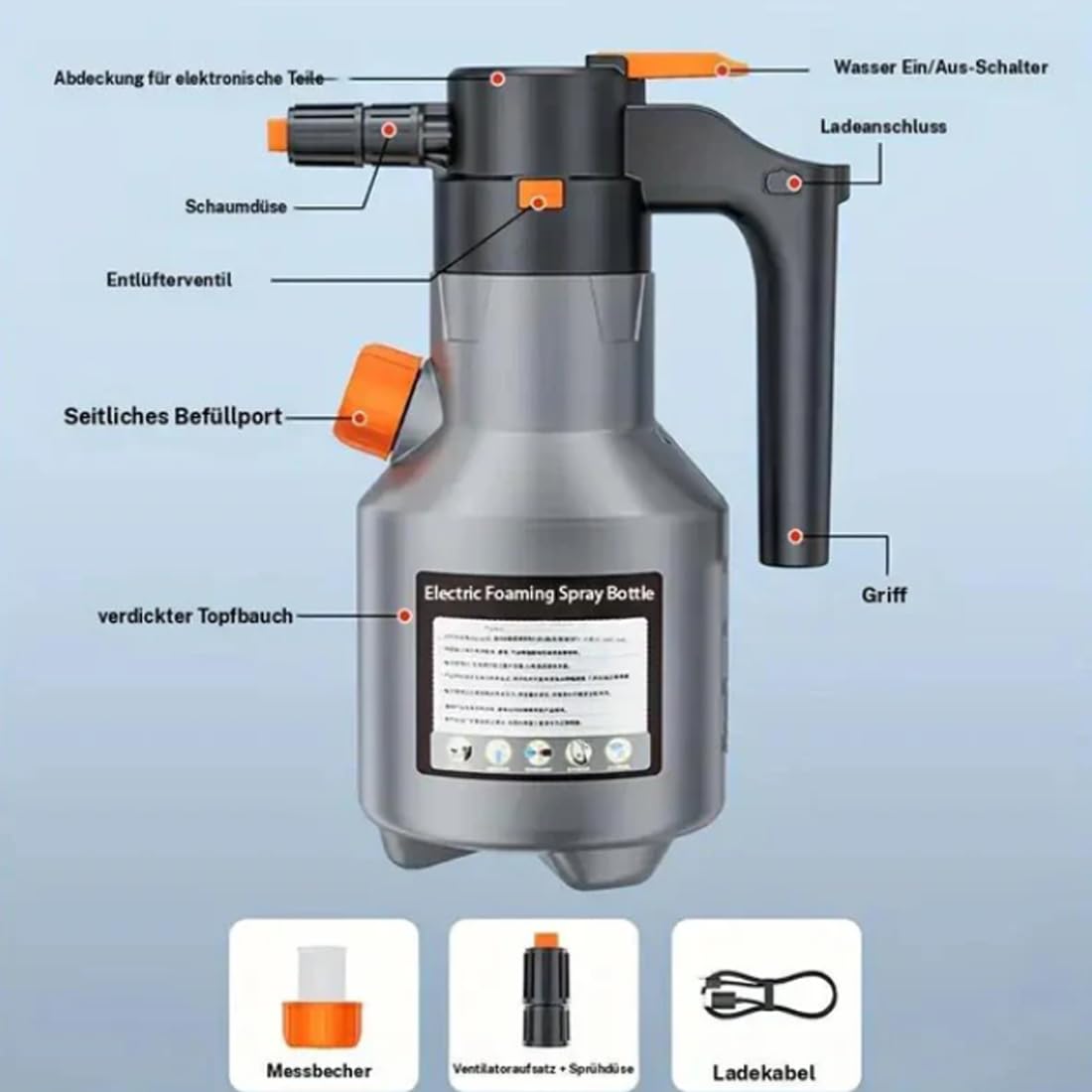 Elektrischer Schaumsprüher für Autowäsche - 2L Wiederaufladbarer Snow Foam Sprayer, Akku Schaumkanone & Pumpsprüher für Fahrzeugaufbereitung, Autopflege & Gartenbewässerung (A)