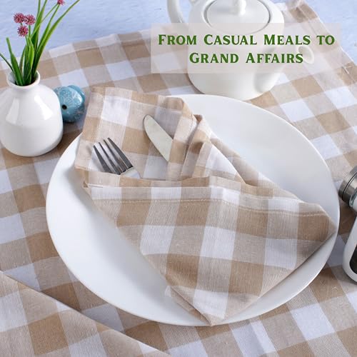 Image of FINGERCRAFT 100% Cotton Cloth Napkins Set of 12 - 20x20 Inch (50x50 cm) Reusable Dinner Table Napkins, Soft & Absorbent Buffalo Check Gingham Fabric, Washable Kitchen & Dining Napkins (Beige White)