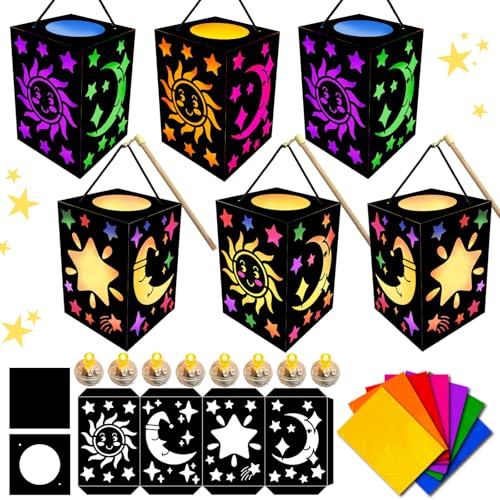 HILKKET Laternen Bastelset 6 Stück, Sankt Martin Laterne Basteln, Laterne Selbst Basteln mit LED, St. Martin Laternenumzug Sonne Mond Sterne mit 28 Blatt Bunt Transparentpapier für Jungen Mädchen