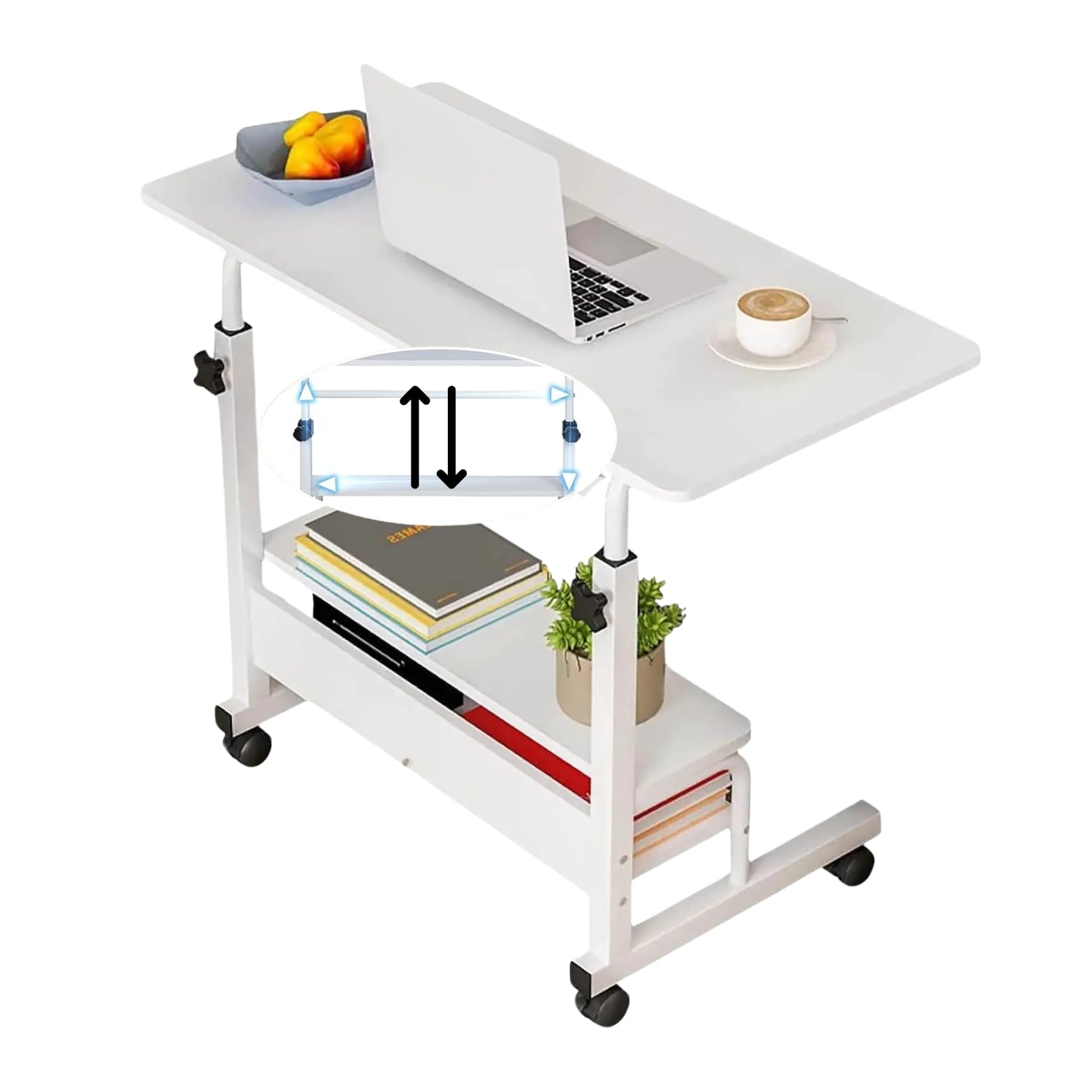 Mesa con Ruedas y Altura Regulable 80x40cm | Escritorio Portátil con Estantería – Ideal para Ordenador, Cama o Sofá