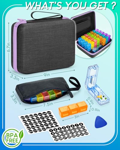 Image of Monthly Pill Organizer 3 Times a Day, with Portable Hard Shell, Pill Cutter, 31-Day Box, Plastic Opening Pick, Monthly & Weekly Stickers, Convenient Medication Management (Purple, 3 Times a Day)