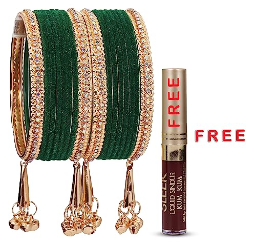 Image of NMII Metal with Zircon Gemstone and Velvet Studded Bells Latkan Bangles Set For Girls and Women I Latkan Bangles, Premium Bangle Bracelet Set I Pack of 16 Bangles
