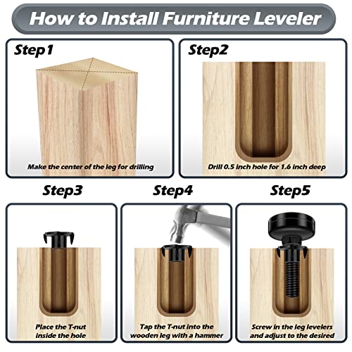 5 Set Adjustable Furniture Leveling Feet, Adjustable Leg Levelers for Cabinets Sofa Tables Chairs Raiser, Heavy Duty Height Adjuster Furniture Levelers Foot with T- Nut Kit 3/8”-16 Thread, Black