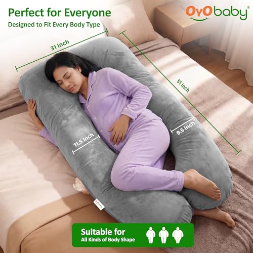 Image of OYO BABY Pregnancy Pillows for Sleeping U-Shape Full Body Pillow | Head-to-Toe Maternity Support for Back, Hips, Legs & Belly | Removable Washable Velvet Cover (Light Grey)