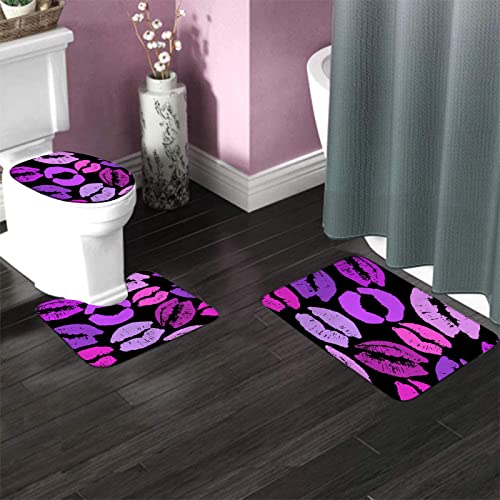 Badezimmerteppich-Set, 3-teilig, Lila Lippen, waschbare Badeteppiche, rutschfest, mit Rückenpolster, Konturteppich und Toilettendeckelbezug – Bild 3