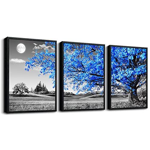 Image of Black Framed Wall Art for Living Room & Bedroom - Blue Tree Wall Paintings, Modern Home Decor - 12 inchX16 inch Set of 3 Piece Framed Art Prints