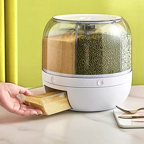 Sabuidds Rotating Grain Storage Tank - 6 Grids Countertop Dispenser For Rice, Lentils, Beans, Cereal - Kitchen Food Container For Dry Ingredients - Max 10Kg/22 Lbs Capacity - White #TOP1