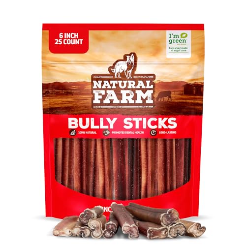 Natural Farm Odor-Free Bully Sticks (6 Inch, 25 Count),1.3 Lb. Bag, Fully Digestible 100% Beef...