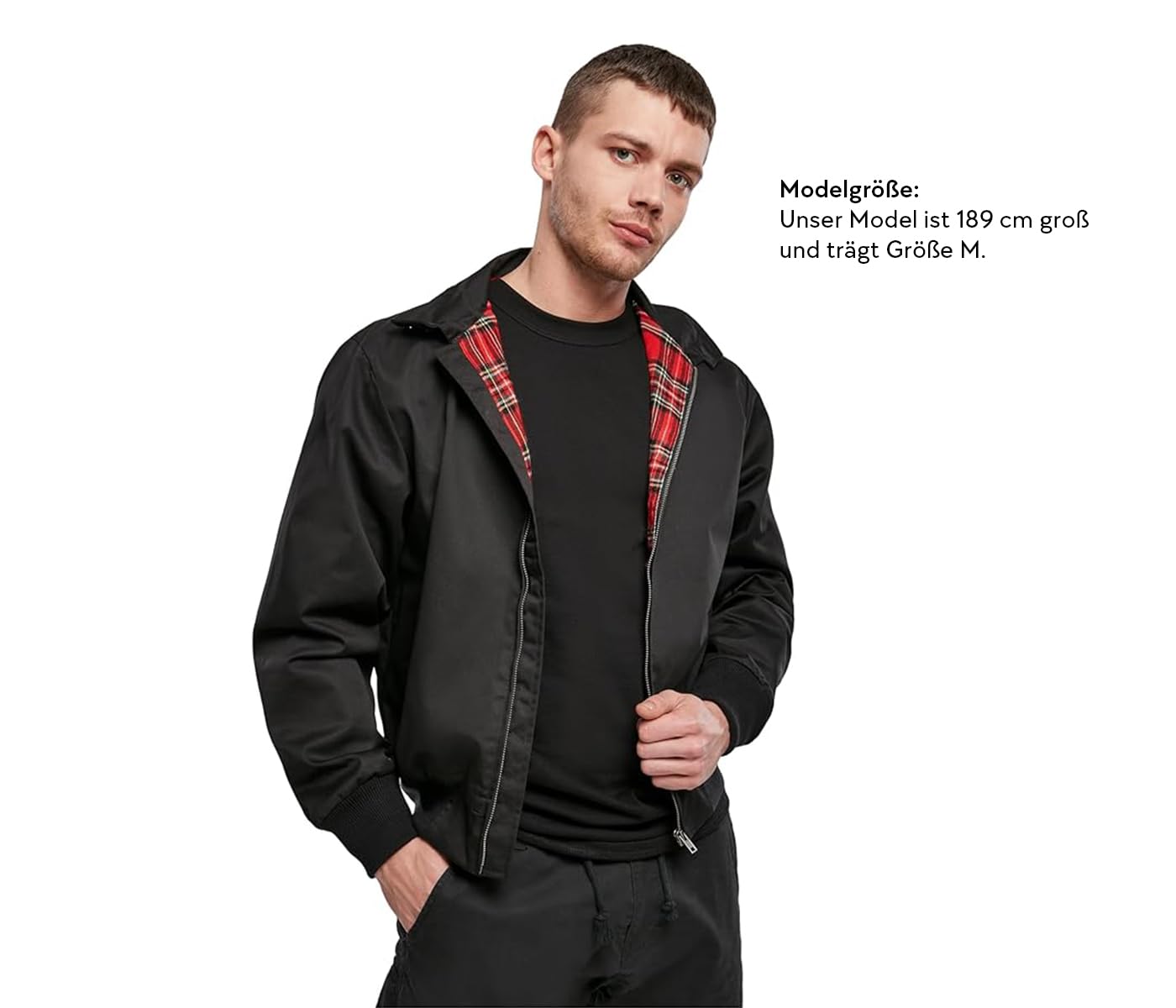 Gros plan sur la doublure intérieure à motif tartan Fraser du bomber Brandit Lord Canterbury.