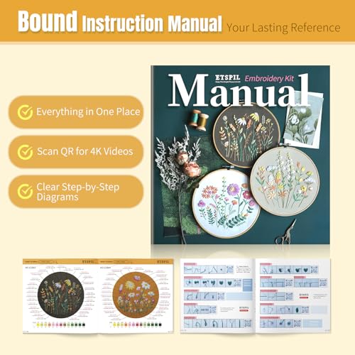 Image of ETSPIL Embroidery Kit for Beginners, 2 Hoops, 4K Video, 4 Floral Patterns | Stitch Side by Side. Lines Fade as You Stitch. All Tools Included. Easy to Start, Weekend Family Craft