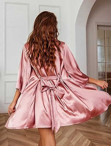 Image of Avidlove Women's Kimono Robe Short Satin Pure Short Silky Robes | Silk Robes for Women Lightweight Kimono Bridesmaid Bride Wedding Party Bathrobes V-Neck Sleepwear