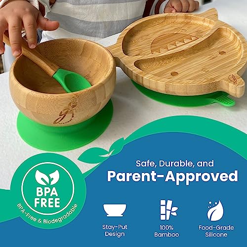 Greenway World - Baby Suction Bowls And Plates Set, Bamboo Plates For Kids With Suction Bowls For Baby And Silicone-Covered Wooden Spoons For Eating, Portable Baby Eating Supplies, Shark Design #TOP5