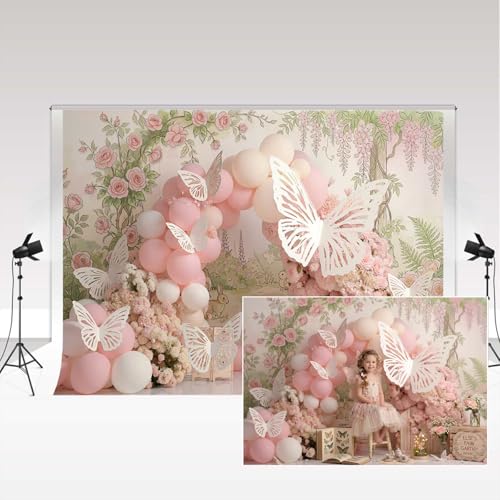 Fond photo pour anniversaire Kate avec arche de fleurs et ballons
