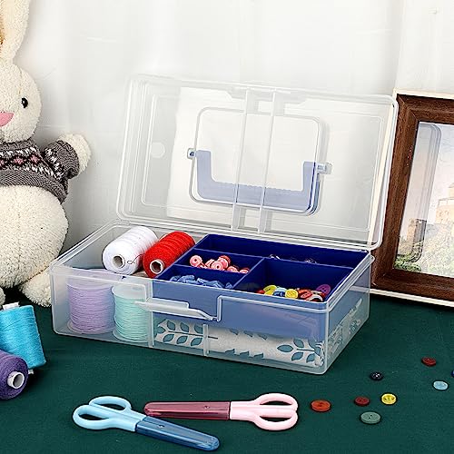 Image of BTSKY Clear Plastic Storage Box with Removable Tray Multipurpose Stationery Storage Box with Handle Handy Sewing Box Art Craft Supply Organizer Home Utility Box (Blue)
