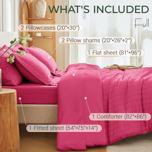 Image of MUXHOMO 7 Pieces Full Comforter Set, Seersucker Bed in a Bag Full Size, All Season Luxury Bedding Set with Comforter, Flat Sheet, Fitted Sheet, Pillowcases & Shams, Hot Pink
