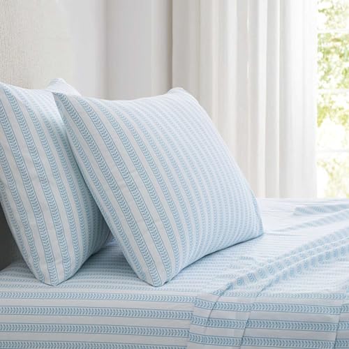 Image of Martha Stewart - King Size Sheet Set, Crisp & Tailored Sheets with a Smooth Cotton Percale Feel - Striped Bed Sheets with Matching Pillowcases & Fitted Sheet (Leaf Stripe Blue)