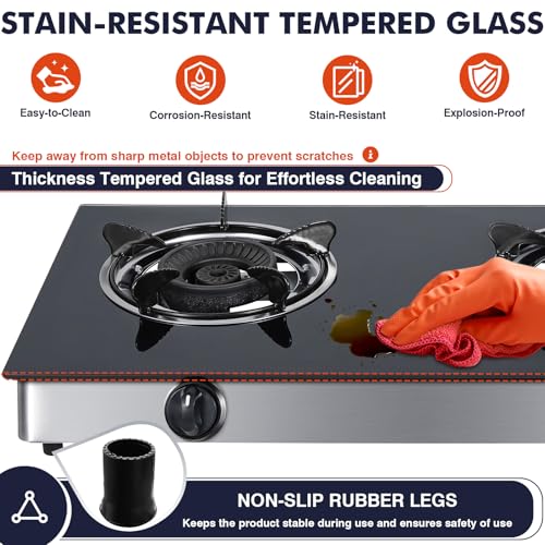 Image of Llamaviva 2 Burner Propane Stove, High Output Gas Cooktop with Tempered Glass Surface, Portable Double Burner Gas Stove for Outdoor Camping, RV & Indoor Use, 19K BTU, CSA Certified Regulator & Hose