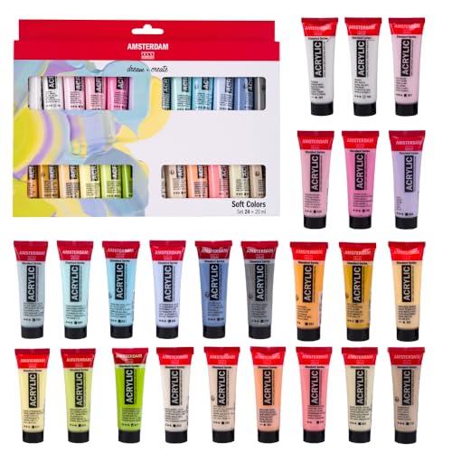 Amsterdam Standard Series Lot de 24 peintures acryliques douces 20 ml – Palette pastel, pigments résistants à la lumière, sans odeur à base d'eau, convient pour différentes surfaces, emballage 100