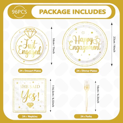 Image of Greencian 96Pcs Gold Happy Engagement Party Decorations, Serves 24 | Just Engaged Plates and Napkins She Said Yes Engagement Tableware Set for Engaged Proposal Wedding Bridal Shower Supplies