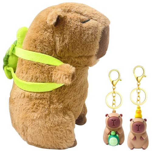 Capybara dier 25 cm, Schattige Capibara met Schildpad Rugzak, 2 stuks Capybara Sleutelhanger, 3-Delige Capibara Geschenkset