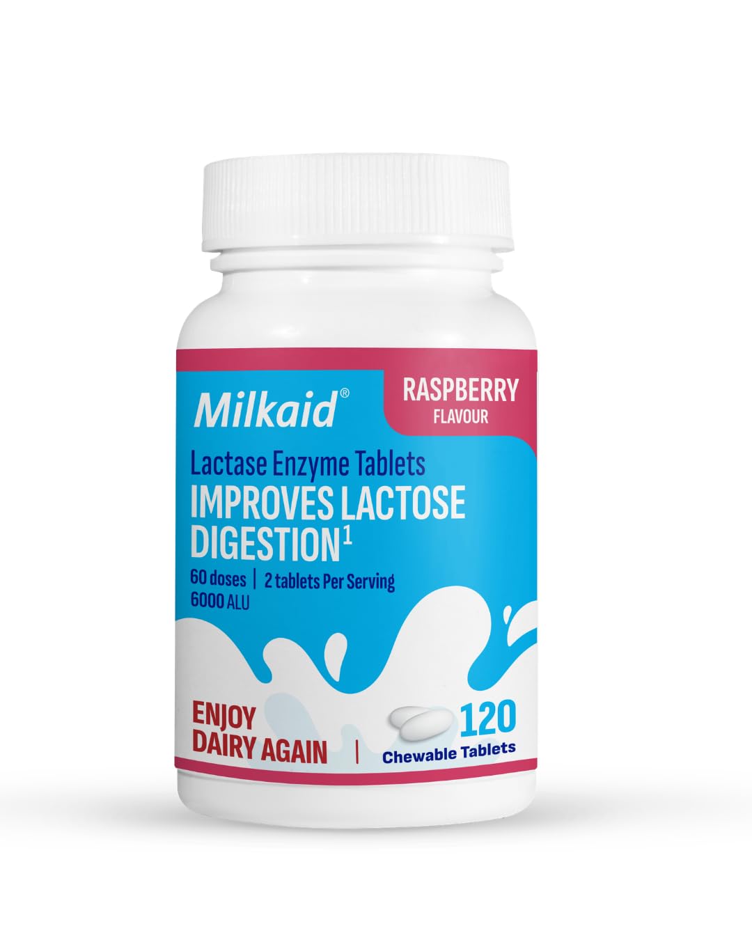 Milkaid Lactase Enzyme Tablets Raspberry Flavour 120 Tablets