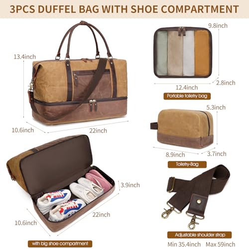 Vintage Duffle Bag for Travel: Weekender Overnight Leather Bag Waterproof Waxed Canvas Duffel Bag with Shoe Compartment & 2 Packing Cubes, Heavy Duty Camping Flight Bags for Mens (Khaki)2