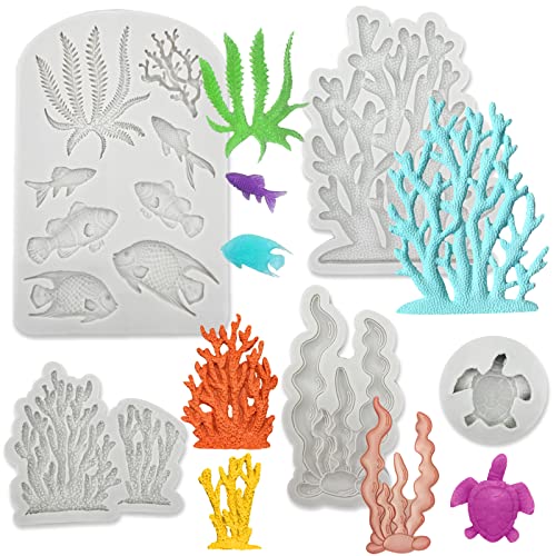 sea turtle chocolate mold - 5 PCS Marine Theme Fondant Silicone Mold Seaweed Sea Fish Coral Sea Turtle Shape DIY Handmade Baking Tools, For Theme Cake Cookie Chocolate Candy Decoration Fondant Polymer Clay