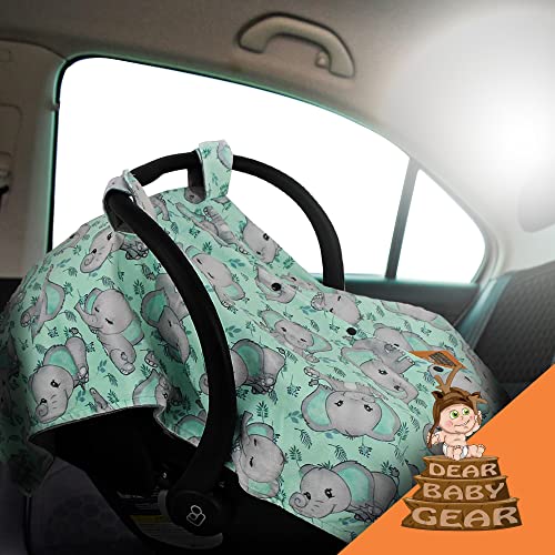 Image of Dear Baby Gear Car Seat Cover for Boys & Girls - Baby Carseat Canopy w /Snap Opening - Infant Seat Cover - Nursing Covers - Newborn Carrier Canopy - 40x30 (Gray Elephants on Mint Foliage - Gray)