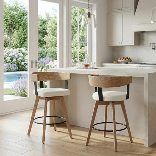 Butaco HNY 26" asiento altura giratorio en lino juego de 2, blanco | Moderno taburetes giratorios 360° con tapizado de lino estructura de madera maciza y reposapiés de metal perfecto para barra y comedor miniatura 7