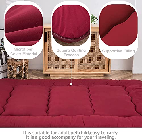 Image of MAXYOYO Japanese Floor Futon Mattress - Thicken Sleeping Pad, Foldable Roll Up Mattress Topper, Guest Floor Couch Mat, Burgundy, Queen