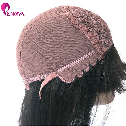 Enoya Human Hair Bob Wigs with Bangs Brazilian Yaki Machine Made Glueless Short Wigs (12" Color#1b)