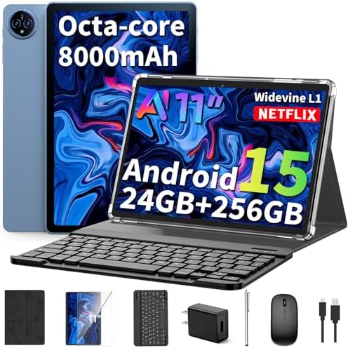 2026 11 Inch Android 15 Tablet with Keyboard, 24GB+128GB+2TB Expand, Tablets PC with Gemini AI, Octa-Core, 8000mAh, 5G WiFi, Widevine L1, GMS, GPS, 2 in 1 Tablets with Case, Mouse, Stylus(Black Case)